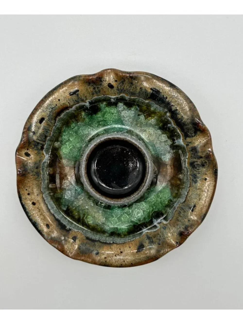 Pottery Fused Crushed Glass Votive Candle Light Holder Green & Brown Speckled